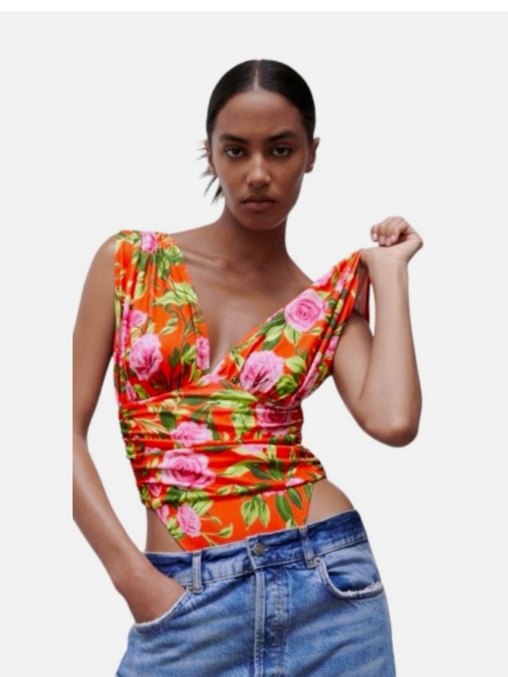 ZARA Orange & Pink Floral Deep V Ruched Bodysuit